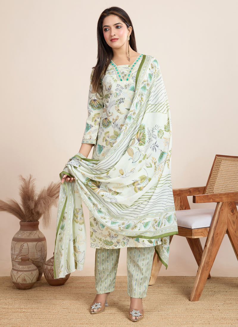 Prazu Fashion Off White Printed Cotton Blend Festival Wear Salwar Suit