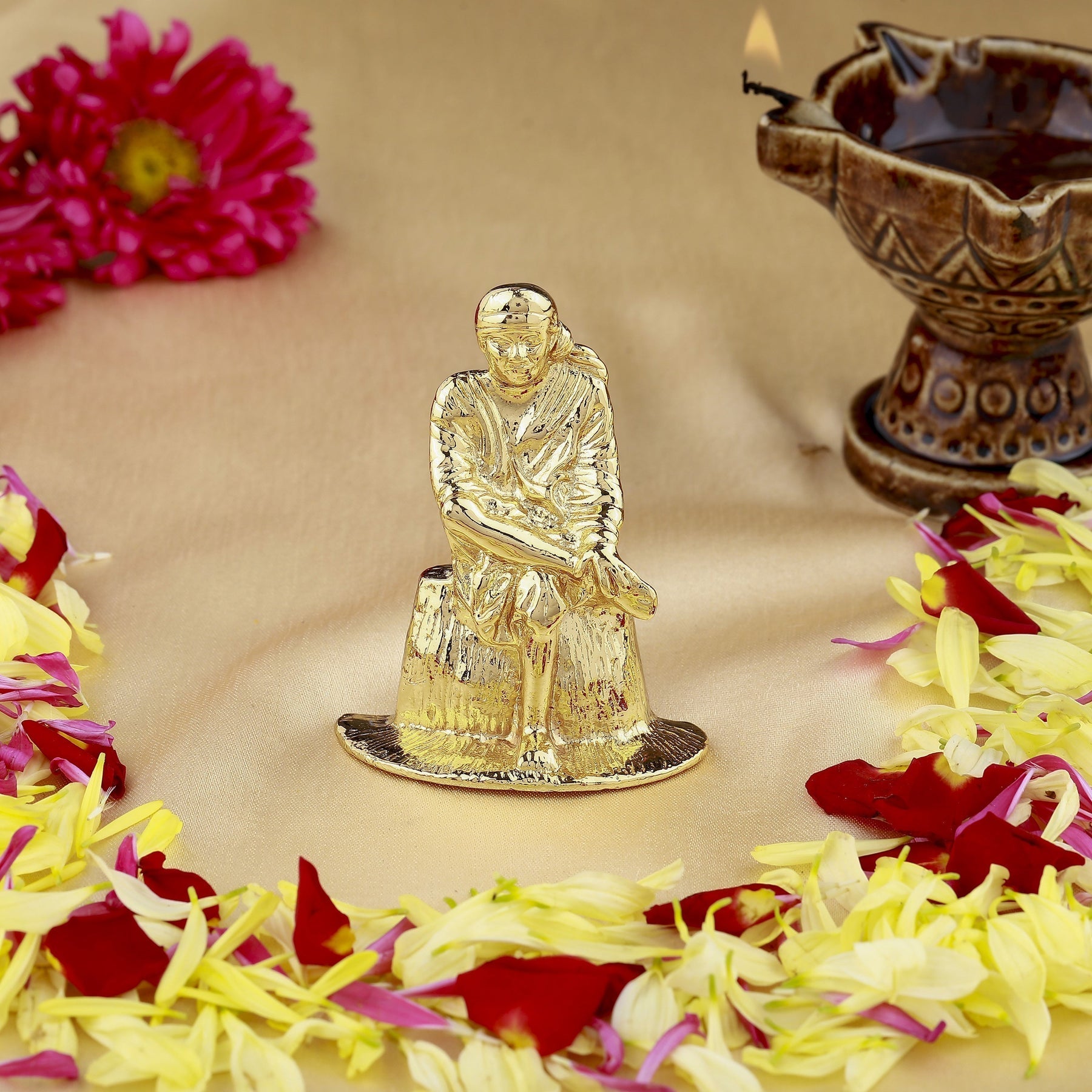 Estele Gold-Polished Divine Sirdi Sai Baba Idol with Sitting Position for Pooja/Gifts/Car decor 