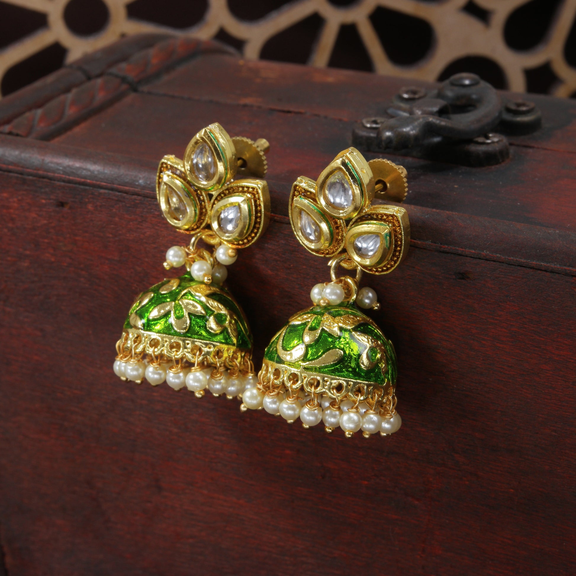 Gold-Polished Meena Work Pearl Studded Jhumki Earring For Women - Wahe Jewels Noz2Toz