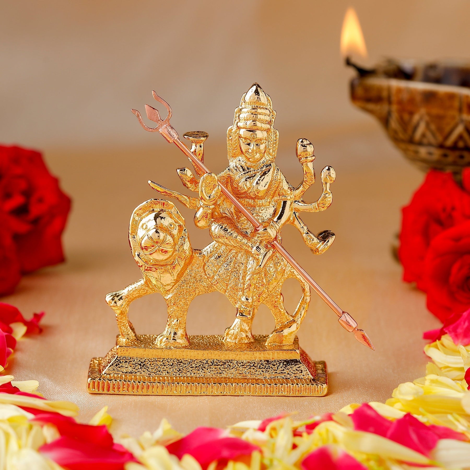 Estele Gold-Polished Durga Ma Idol with sitting on lion for Pooja & Car decor 