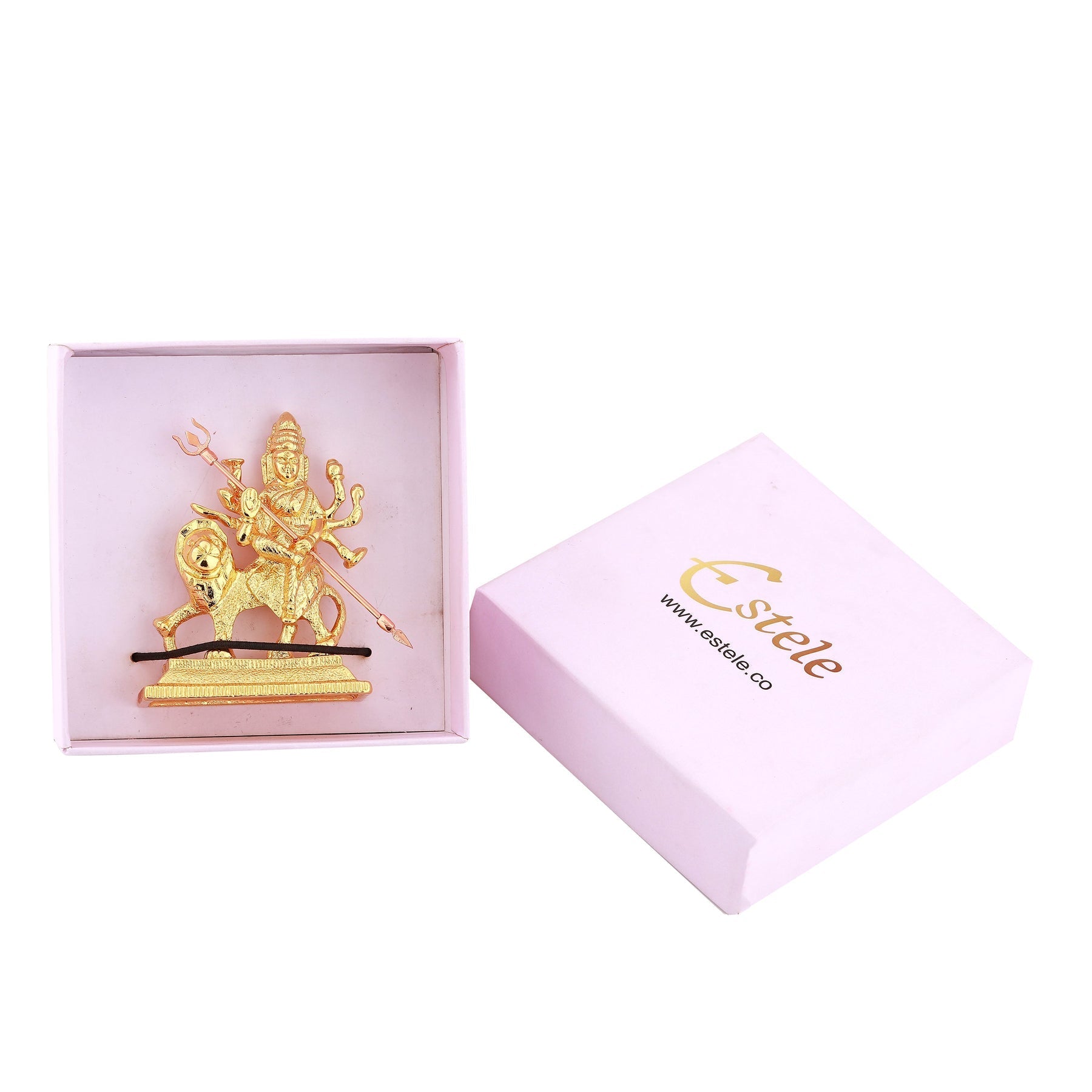 Estele Gold-Polished Durga Ma Idol with sitting on lion for Pooja & Car decor 