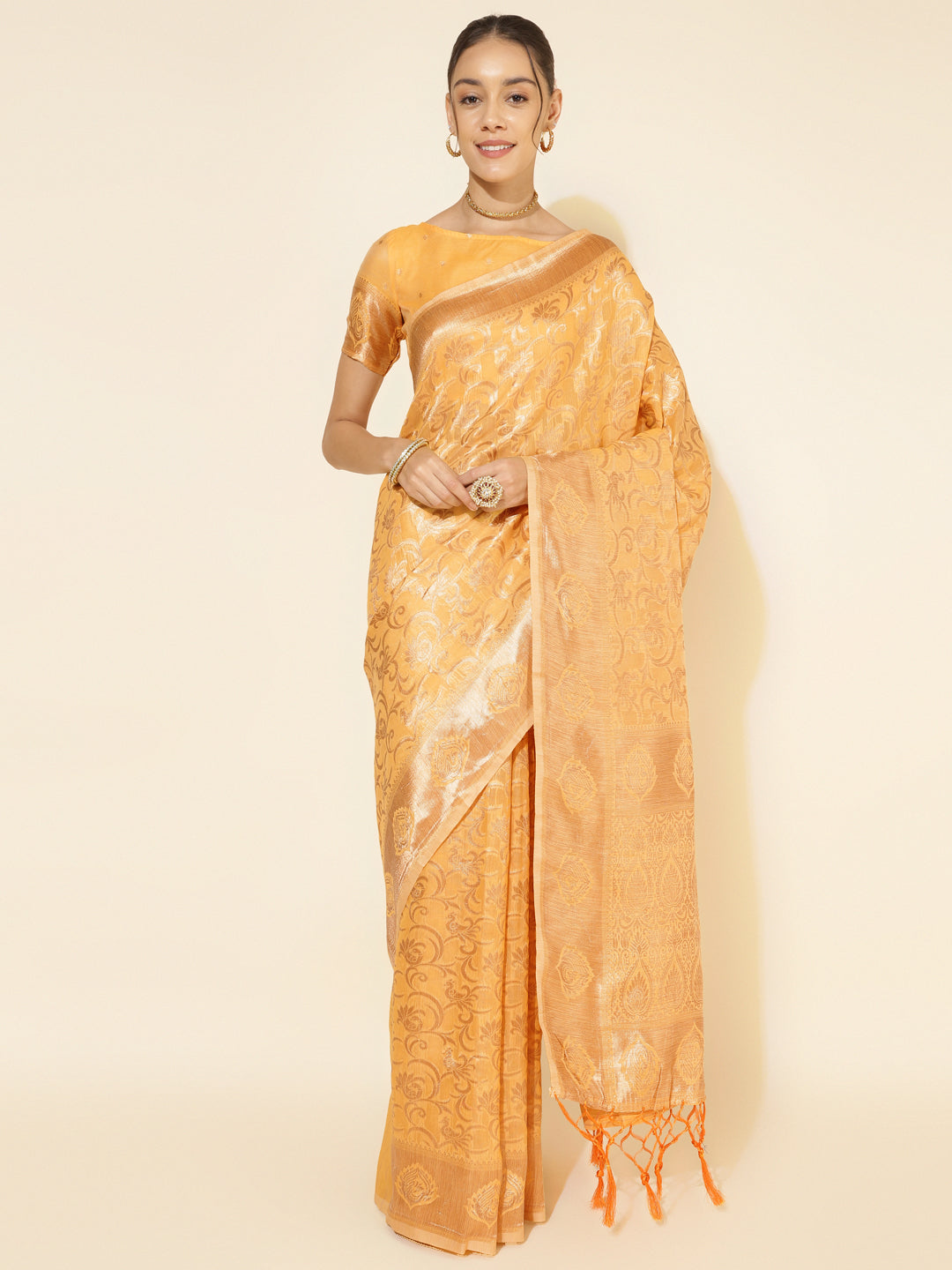 Janasya Light Yellow Chanderi Silk Woven Ethnic Motifs Chanderi Silk Grab2Buy 
