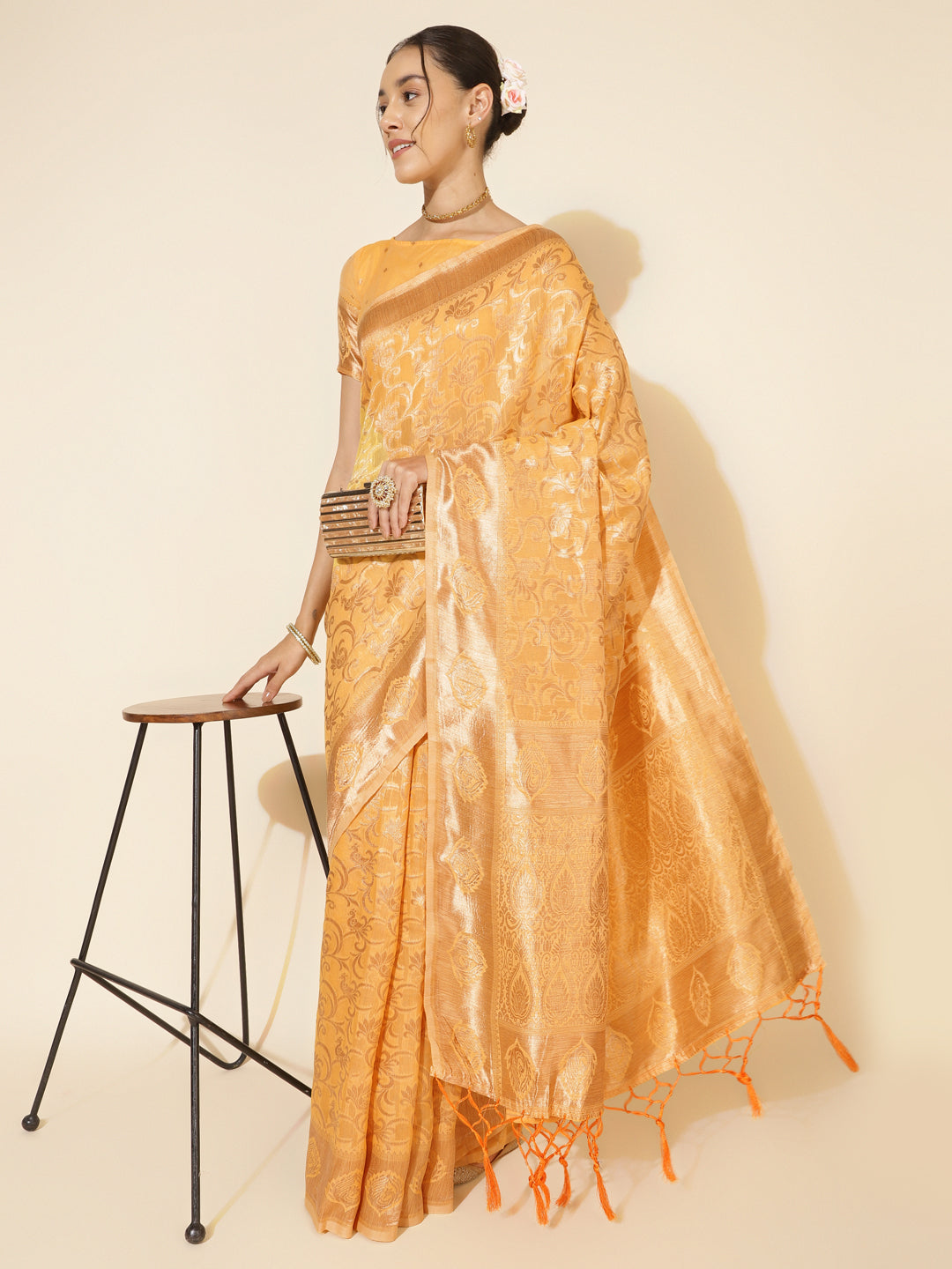 Janasya Light Yellow Chanderi Silk Woven Ethnic Motifs Chanderi Silk Grab2Buy 