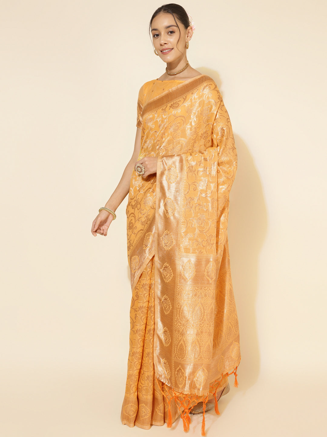 Janasya Light Yellow Chanderi Silk Woven Ethnic Motifs Chanderi Silk Grab2Buy 