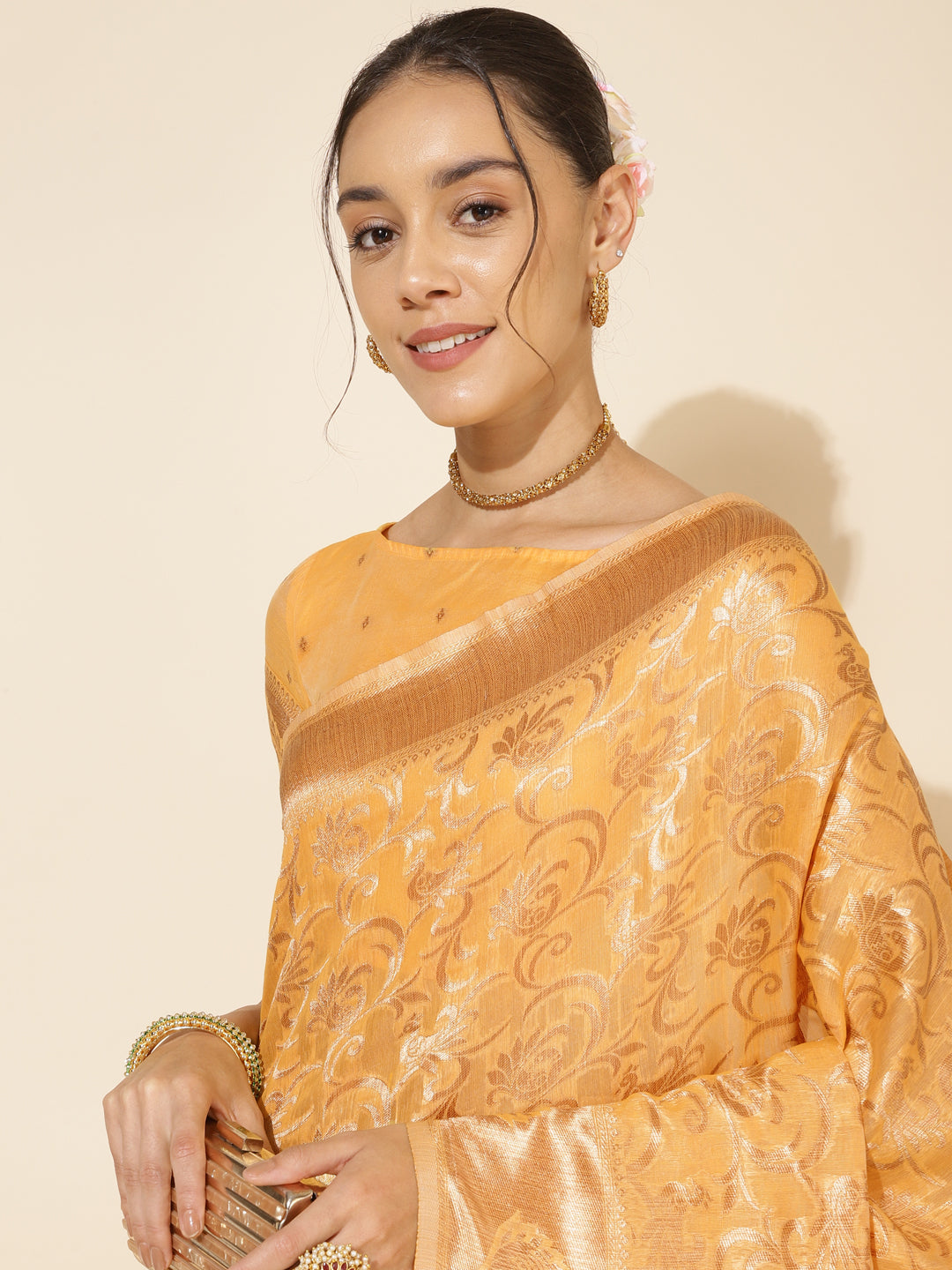 Janasya Light Yellow Chanderi Silk Woven Ethnic Motifs Chanderi Silk Grab2Buy 