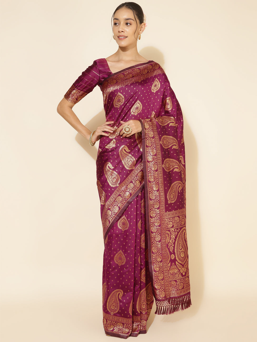 Janasya Wine Banarasi Silk Woven Ethnic Motifs Banarasi Silk Grab2Buy 