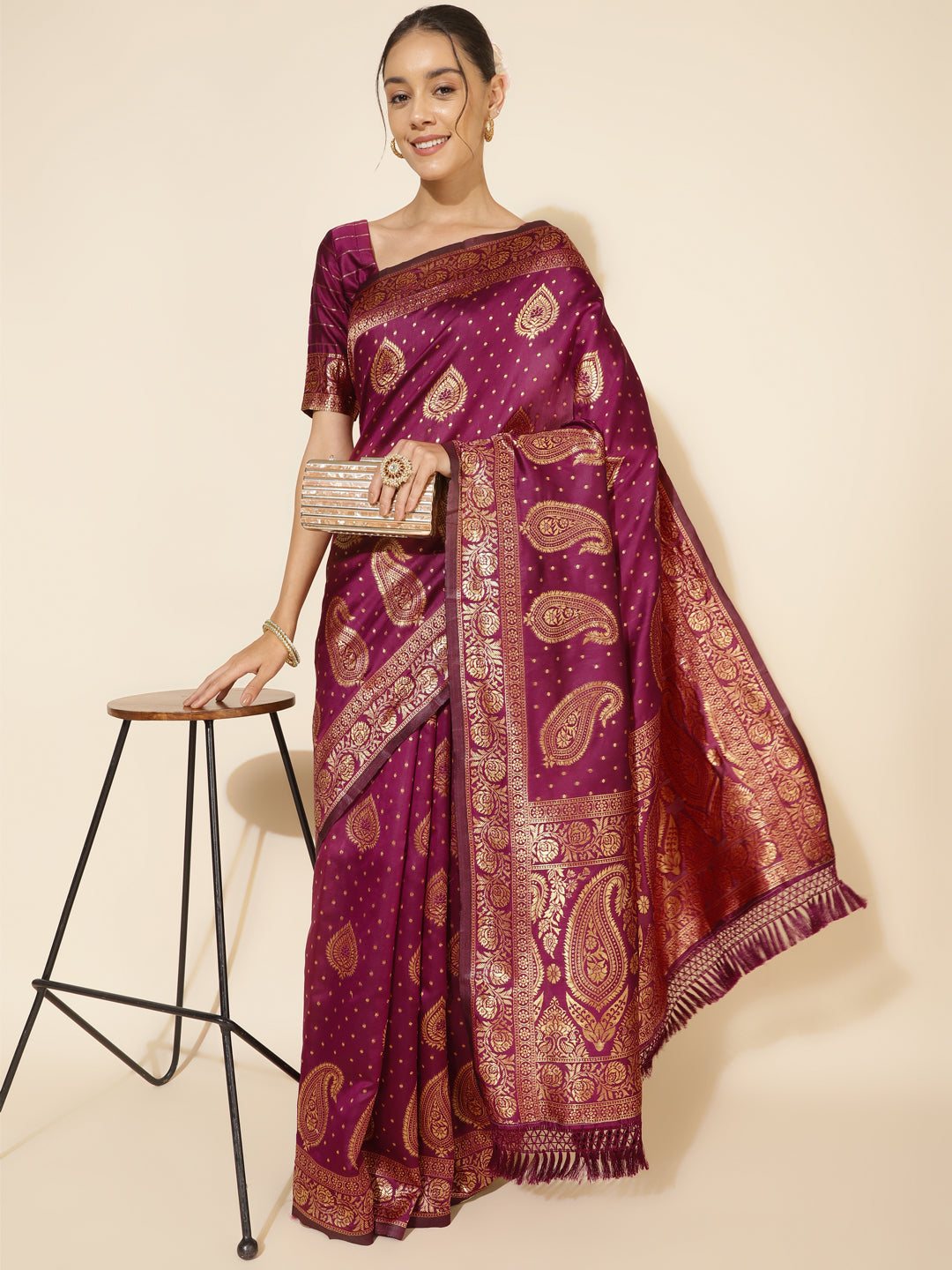 Janasya Wine Banarasi Silk Woven Ethnic Motifs Banarasi Silk Grab2Buy 