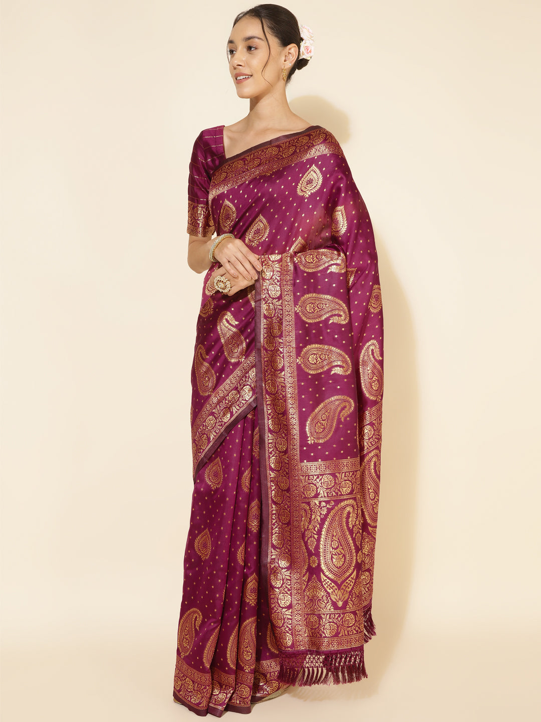 Janasya Wine Banarasi Silk Woven Ethnic Motifs Banarasi Silk Grab2Buy 