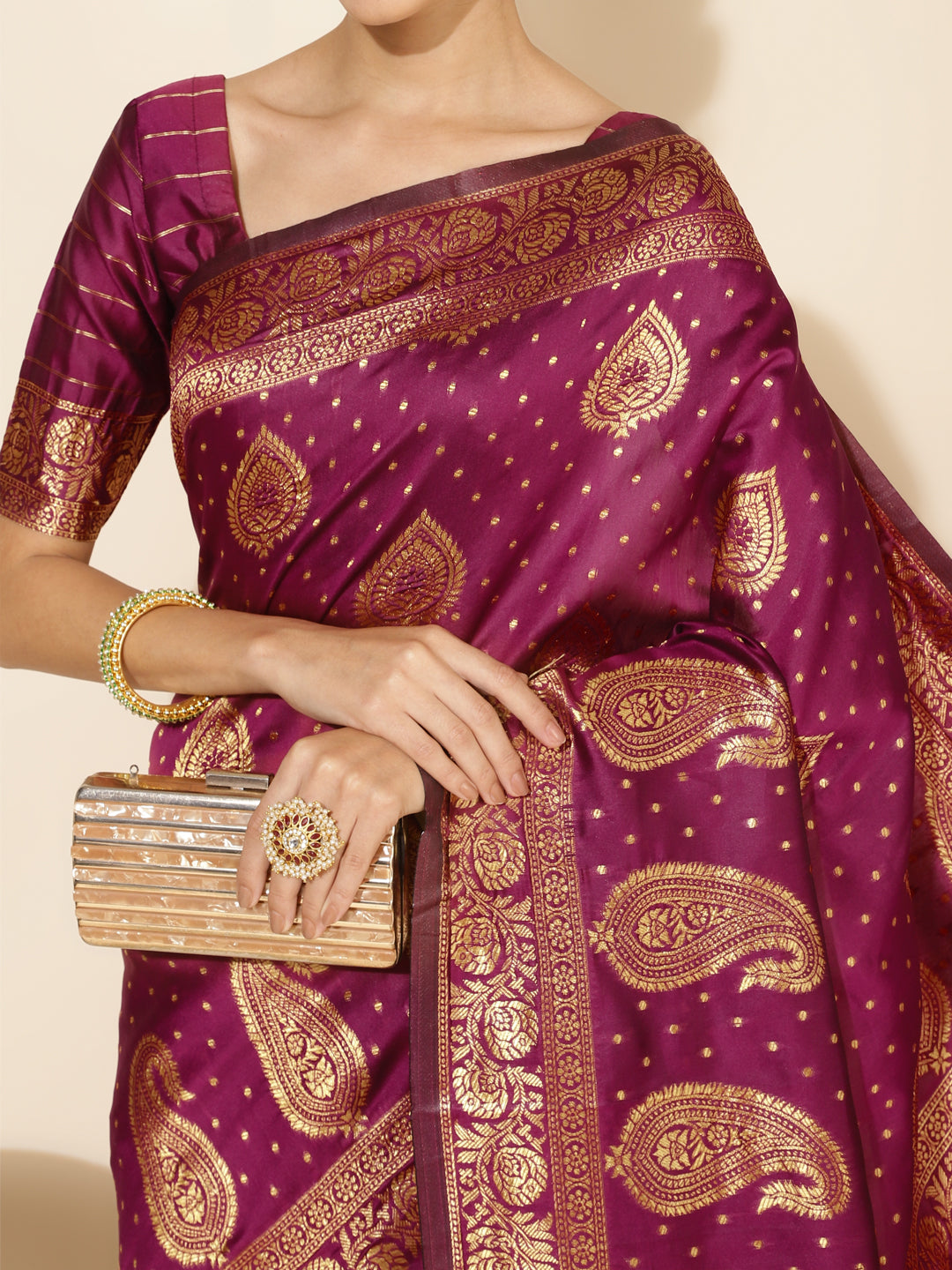 Janasya Wine Banarasi Silk Woven Ethnic Motifs Banarasi Silk Grab2Buy 