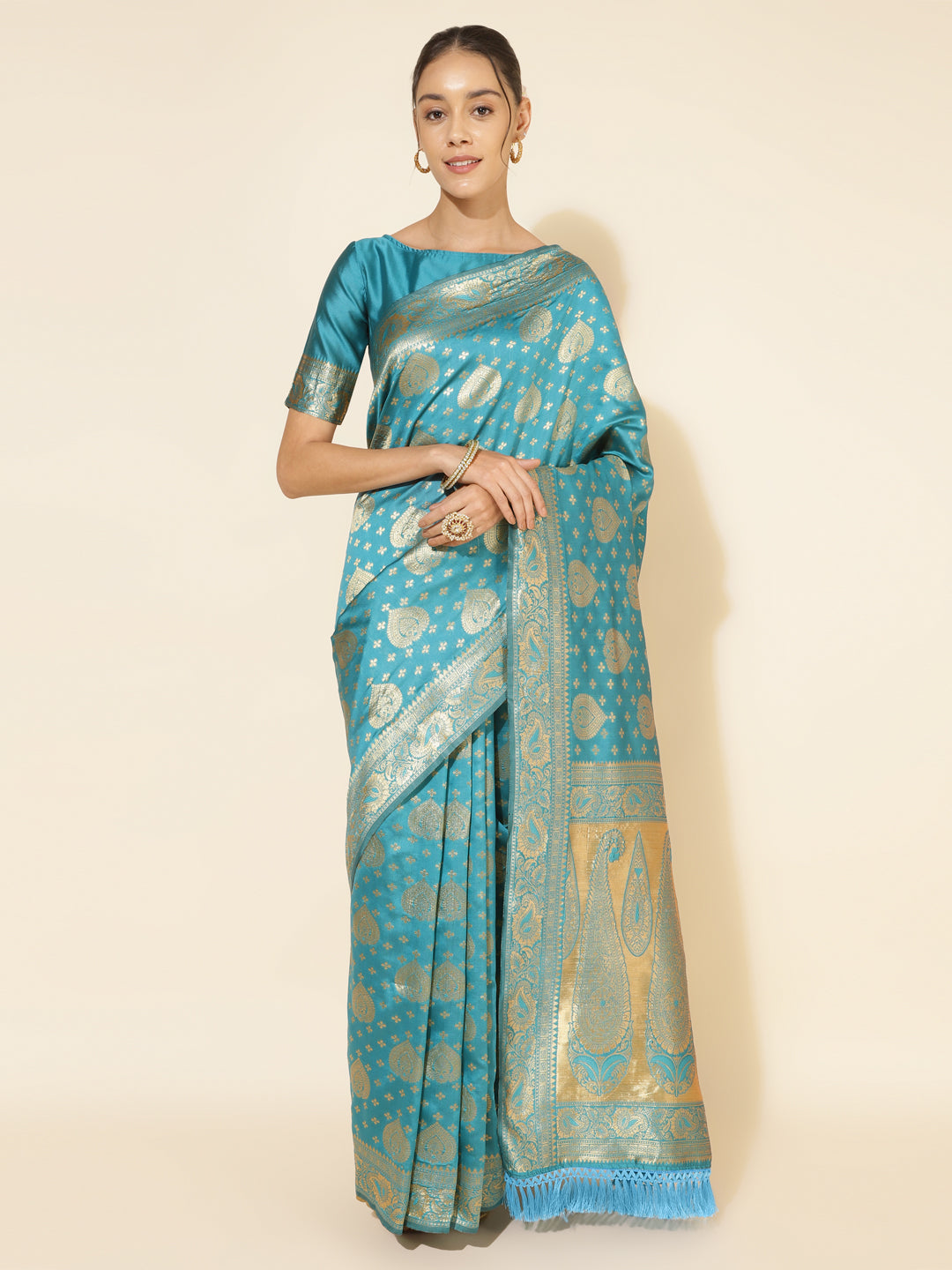 Janasya Turquoise Blue Banarasi Silk Woven Ethnic Motifs Banarasi Silk Grab2Buy 