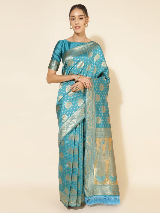 Janasya Turquoise Blue Banarasi Silk Woven Ethnic Motifs Banarasi Silk Grab2Buy 