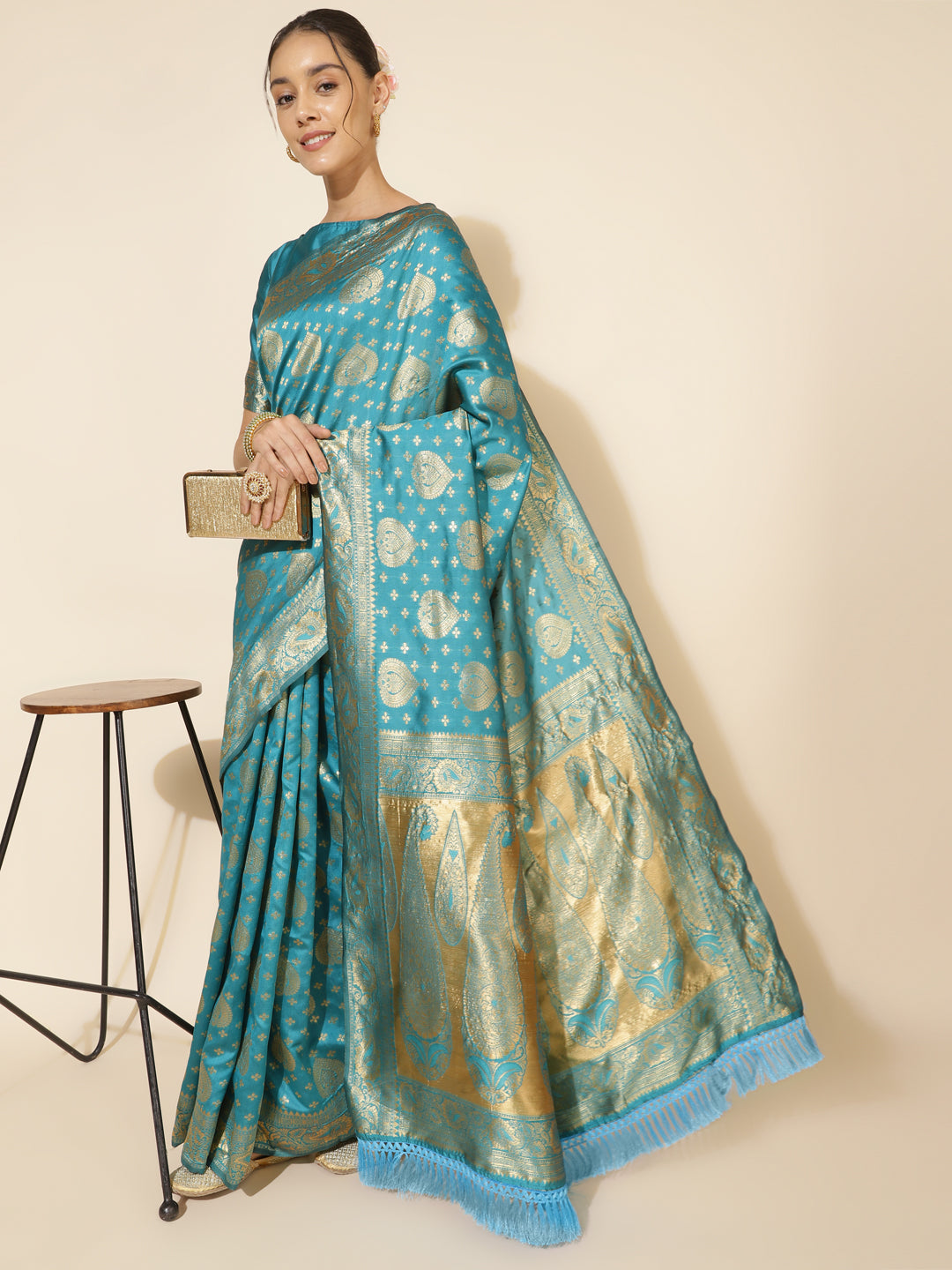 Janasya Turquoise Blue Banarasi Silk Woven Ethnic Motifs Banarasi Silk Grab2Buy 