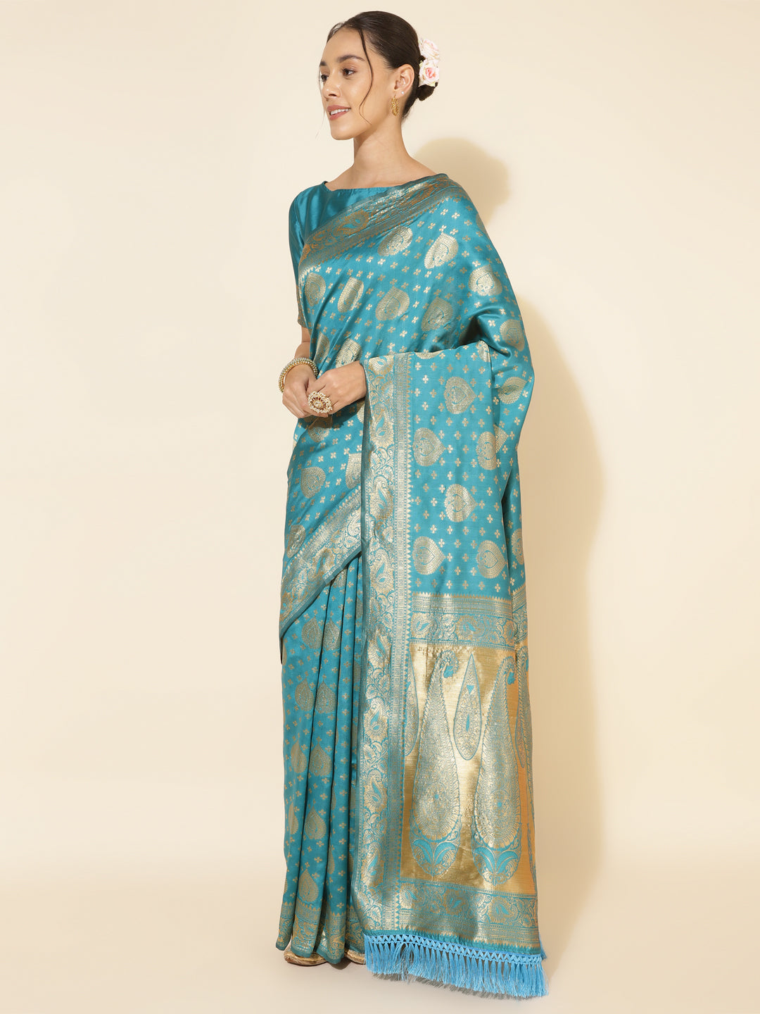 Janasya Turquoise Blue Banarasi Silk Woven Ethnic Motifs Banarasi Silk Grab2Buy 