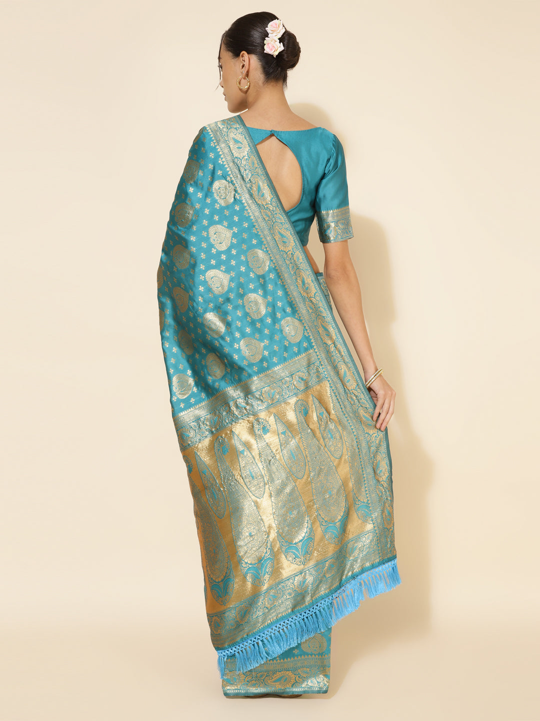 Janasya Turquoise Blue Banarasi Silk Woven Ethnic Motifs Banarasi Silk Grab2Buy 