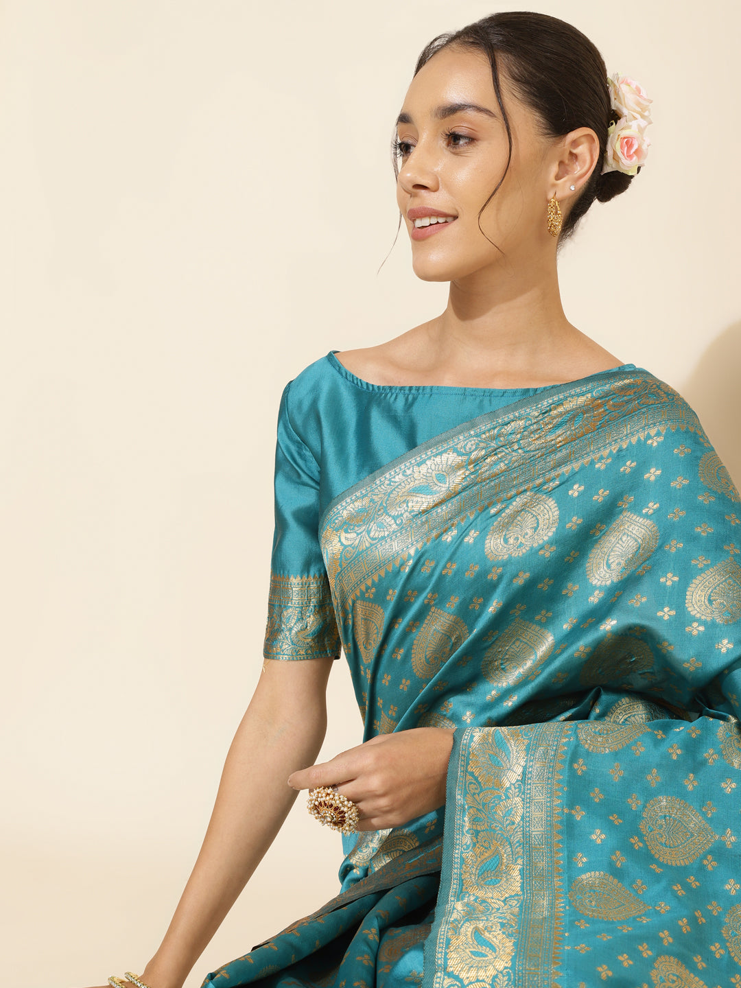 Janasya Turquoise Blue Banarasi Silk Woven Ethnic Motifs Banarasi Silk Grab2Buy 