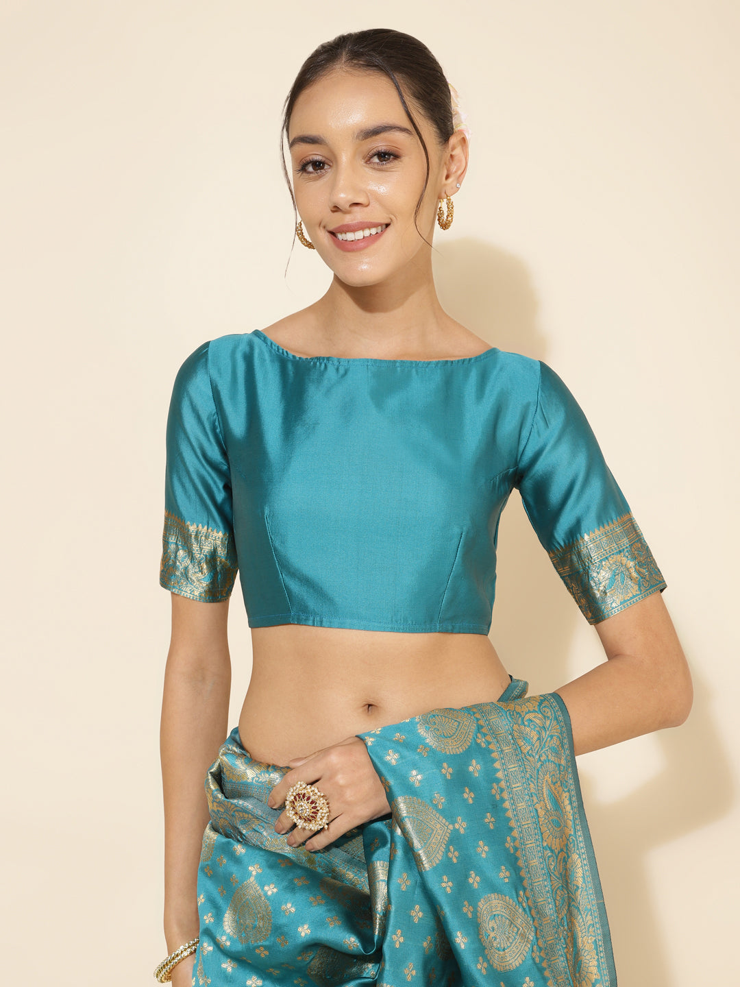 Janasya Turquoise Blue Banarasi Silk Woven Ethnic Motifs Banarasi Silk Grab2Buy 