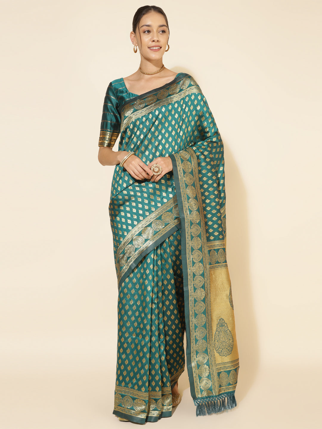 Janasya Peacock Green Silk Woven Ethnic Motifs Banarasi Silk Grab2Buy 