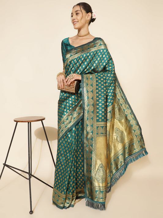 Janasya Peacock Green Silk Woven Ethnic Motifs Banarasi Silk Grab2Buy 