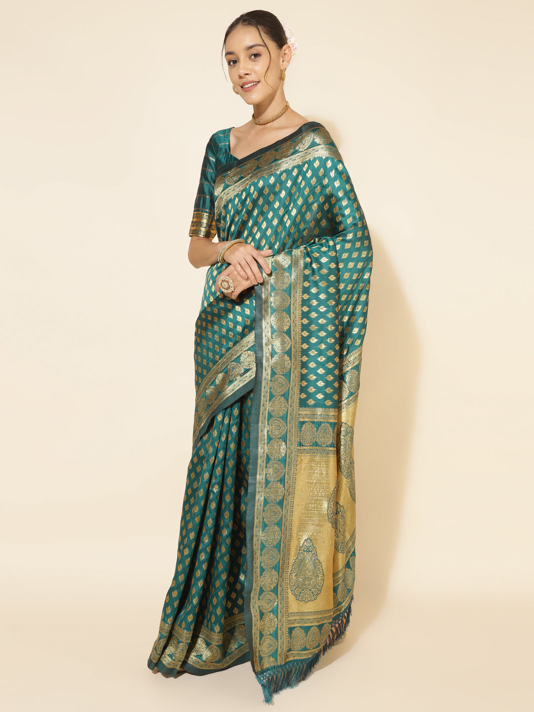 Janasya Peacock Green Silk Woven Ethnic Motifs Banarasi Silk Grab2Buy 