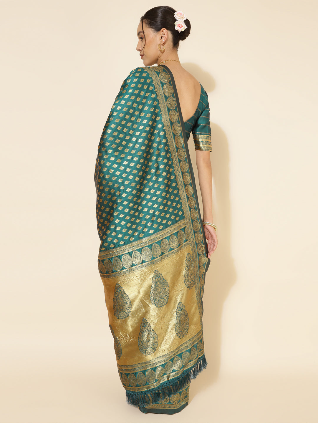 Janasya Peacock Green Silk Woven Ethnic Motifs Banarasi Silk Grab2Buy 