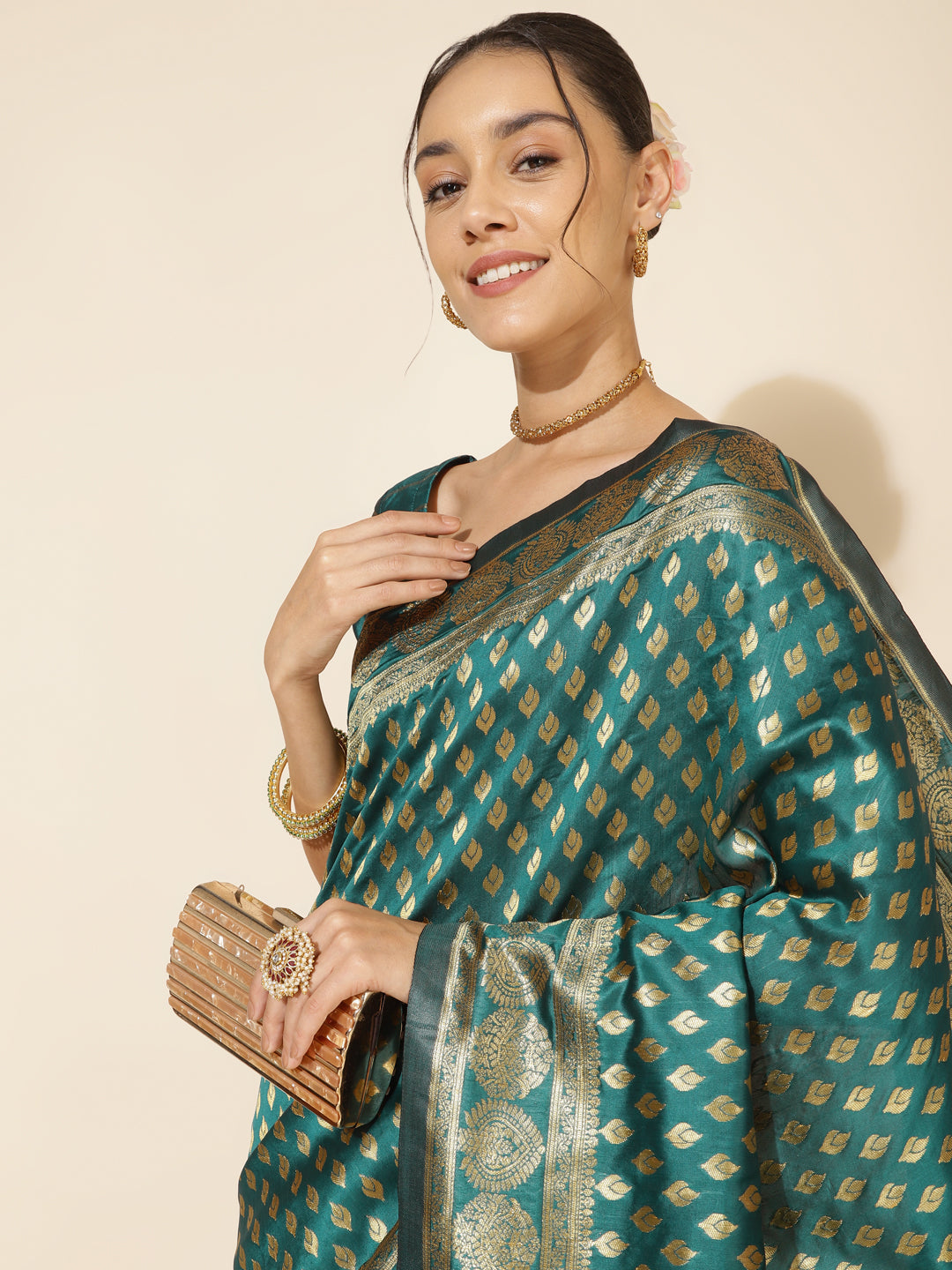 Janasya Peacock Green Silk Woven Ethnic Motifs Banarasi Silk Grab2Buy 