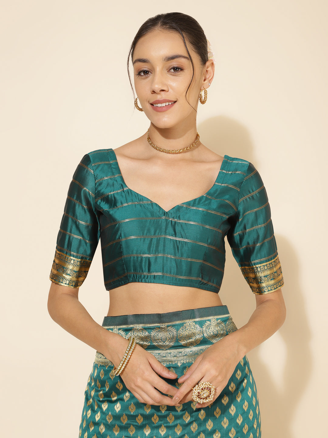 Janasya Peacock Green Silk Woven Ethnic Motifs Banarasi Silk Grab2Buy 