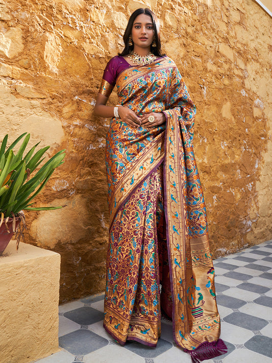Janasya Wine Paithani Silk Woven Bagh Design Paithani Silk Grab2Buy 