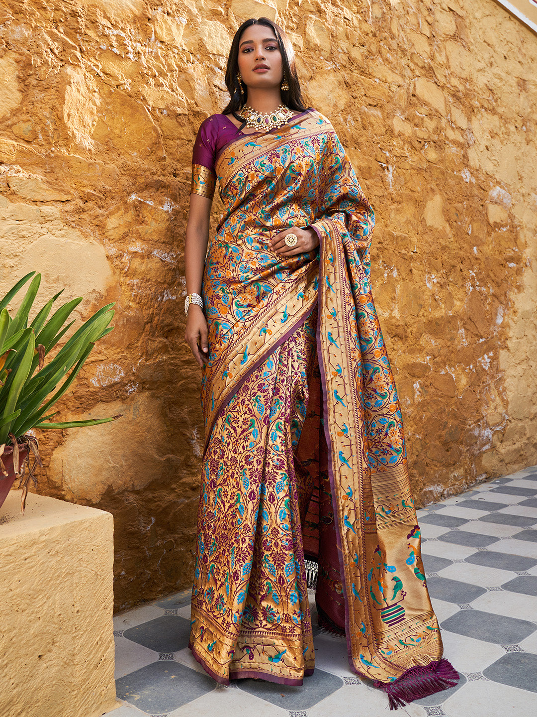 Janasya Wine Paithani Silk Woven Bagh Design Paithani Silk Grab2Buy 