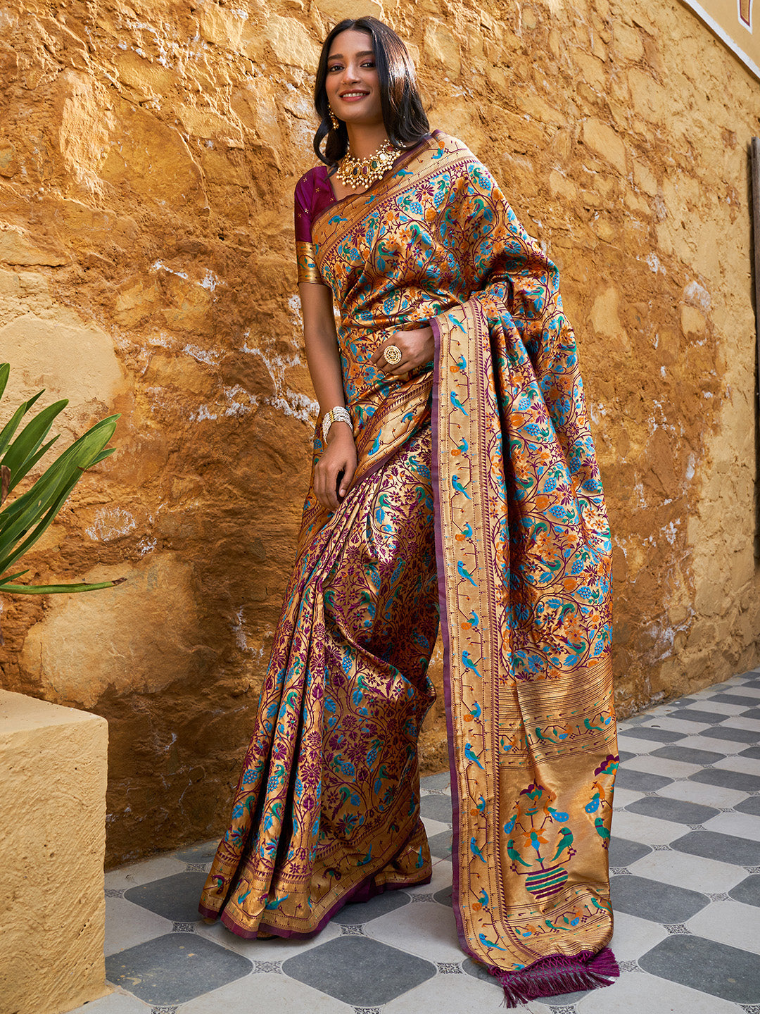 Janasya Wine Paithani Silk Woven Bagh Design Paithani Silk Grab2Buy 