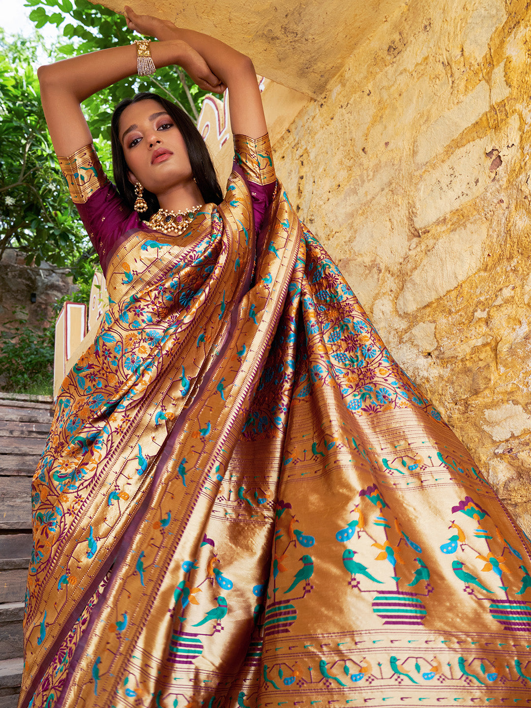 Janasya Wine Paithani Silk Woven Bagh Design Paithani Silk Grab2Buy 