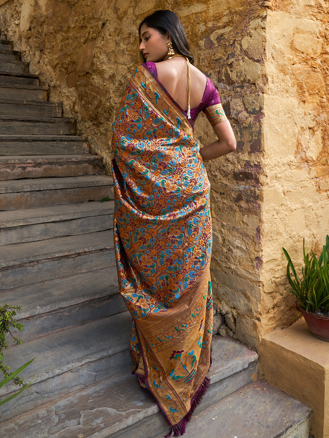 Janasya Wine Paithani Silk Woven Bagh Design Paithani Silk Grab2Buy 