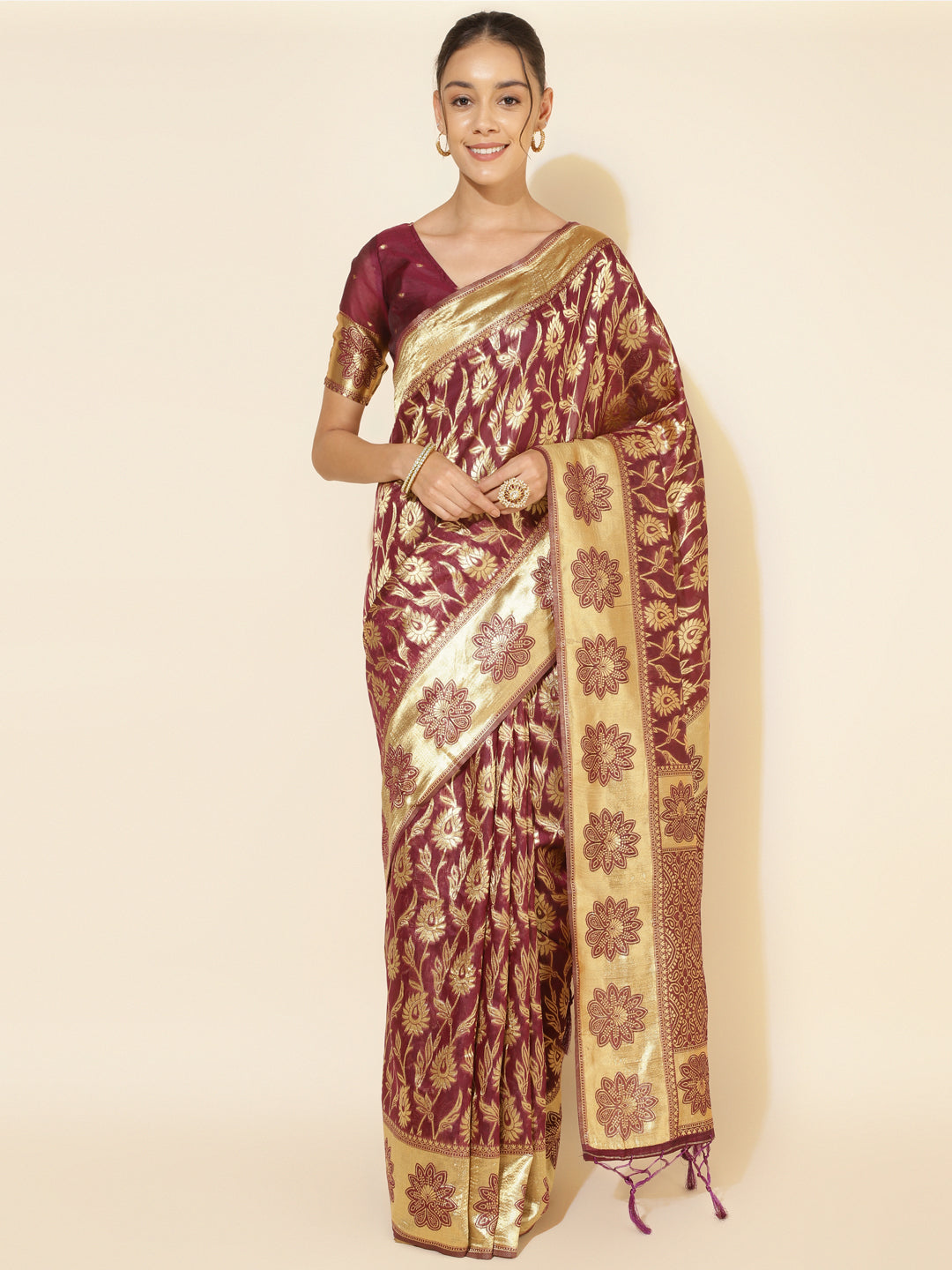 Janasya Wine Chanderi Silk Woven Paisley Chanderi Silk Grab2Buy 
