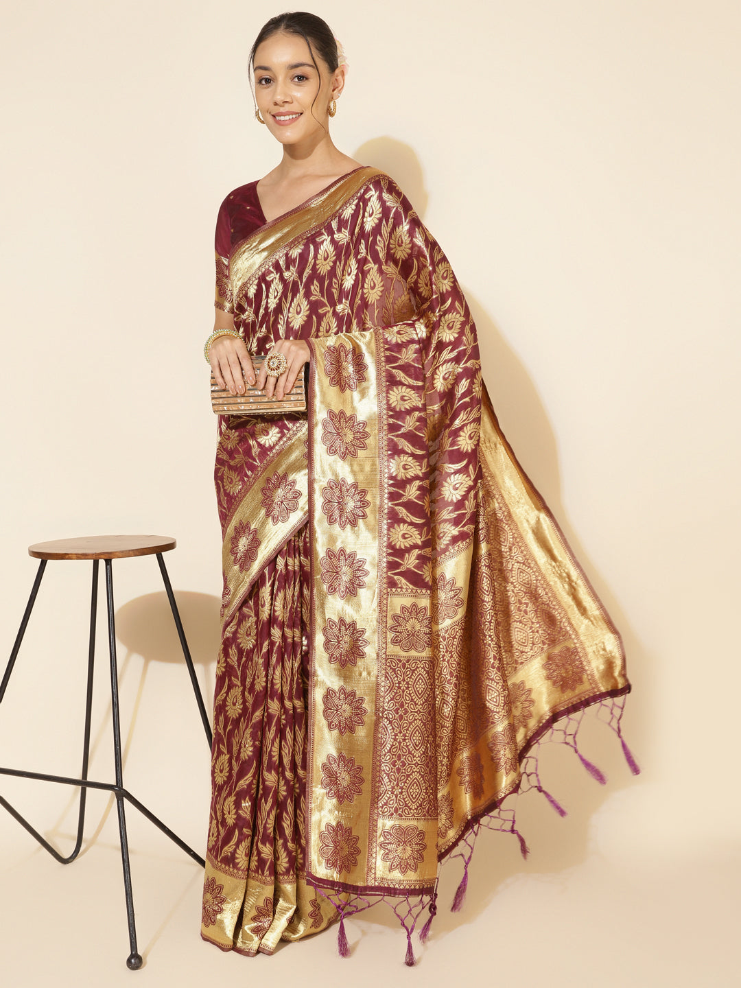 Janasya Wine Chanderi Silk Woven Paisley Chanderi Silk Grab2Buy 
