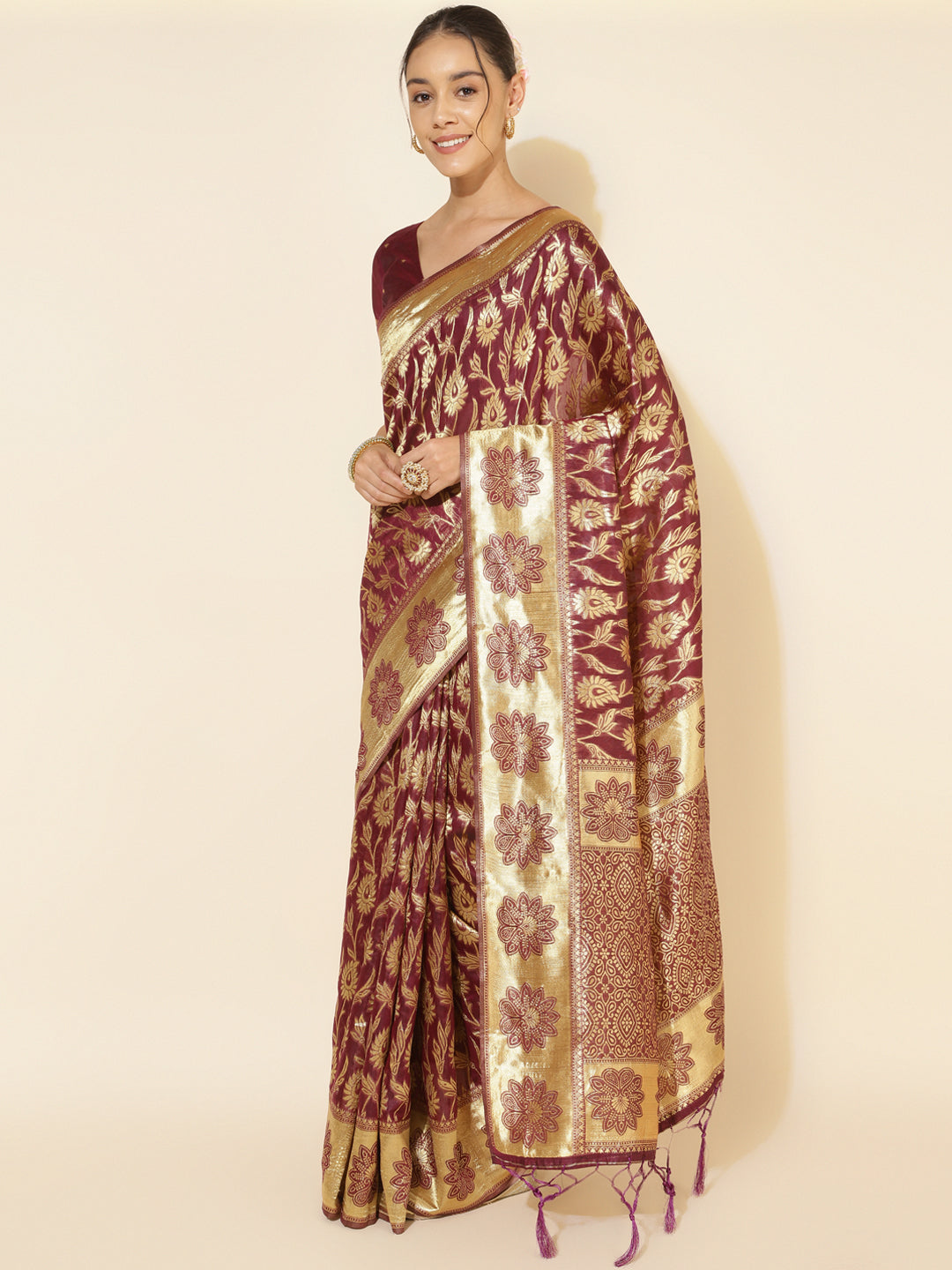 Janasya Wine Chanderi Silk Woven Paisley Chanderi Silk Grab2Buy 