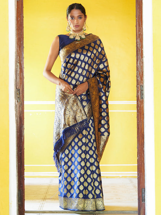 Janasya Navy Blue Banarasi Silk Woven Ethnic Motifs Banarasi Silk Grab2Buy 