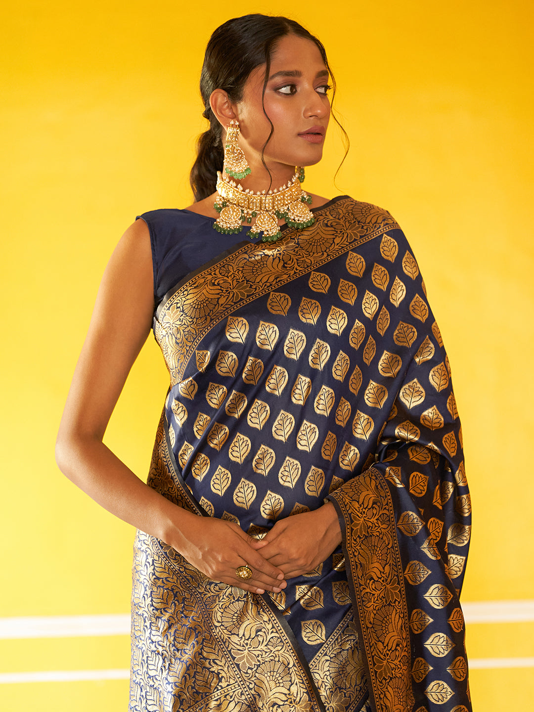 Janasya Navy Blue Banarasi Silk Woven Ethnic Motifs Banarasi Silk Grab2Buy 