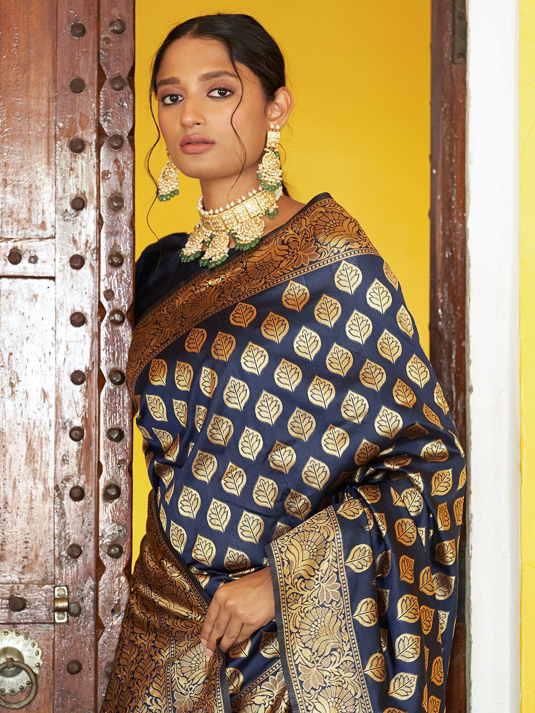 Janasya Navy Blue Banarasi Silk Woven Ethnic Motifs Banarasi Silk Grab2Buy 