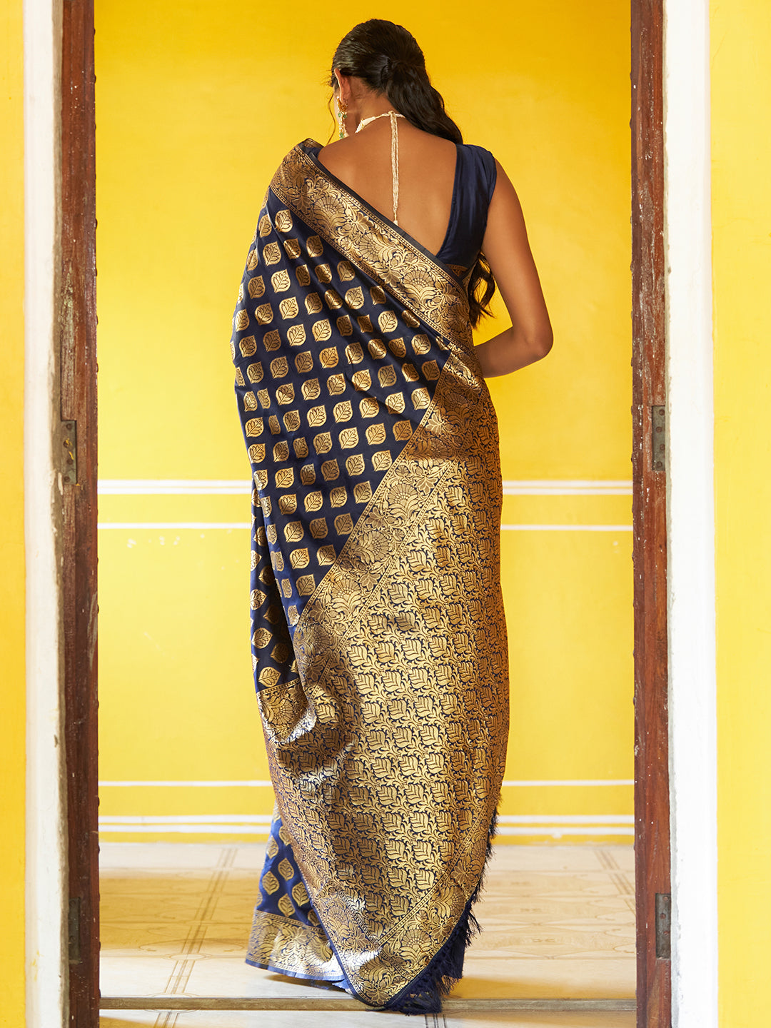 Janasya Navy Blue Banarasi Silk Woven Ethnic Motifs Banarasi Silk Grab2Buy 