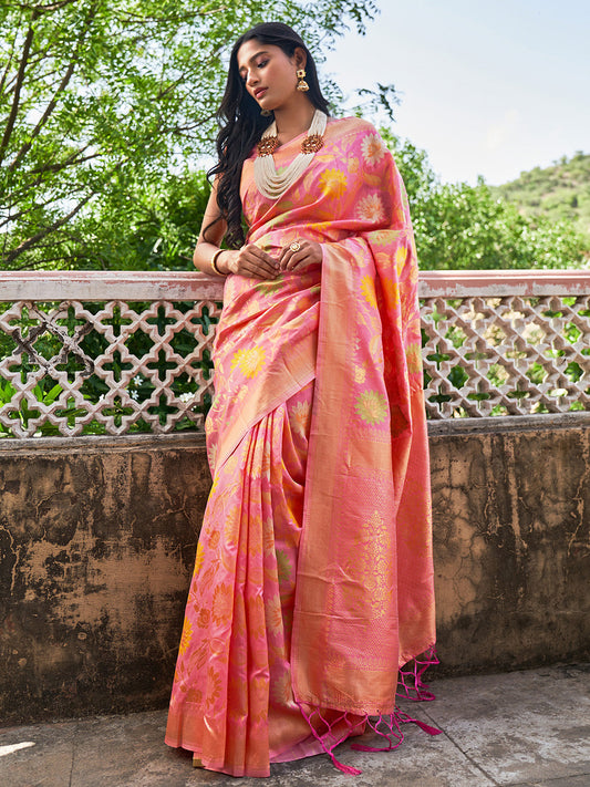 Janasya Light Pink Banarasi Silk Woven Floral Design Banarasi Grab2Buy