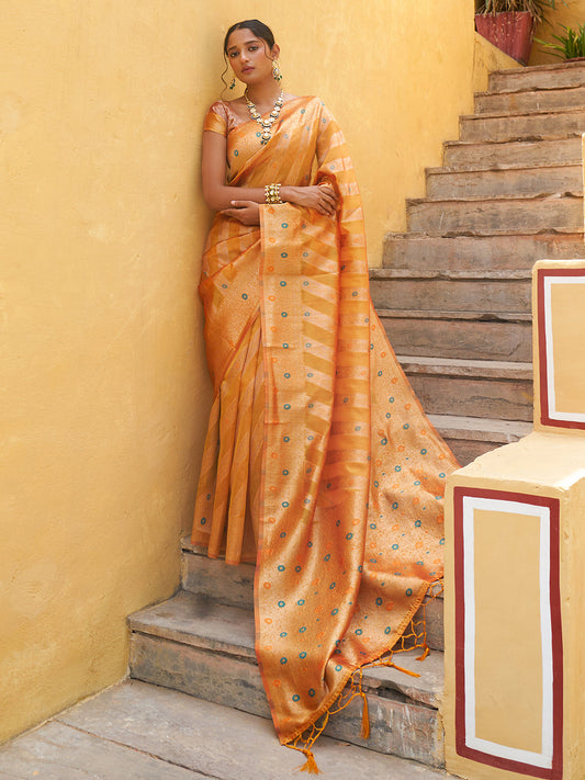 Janasya Yellow Organza Woven Leheriya Kanjeevaram Grab2Buy 