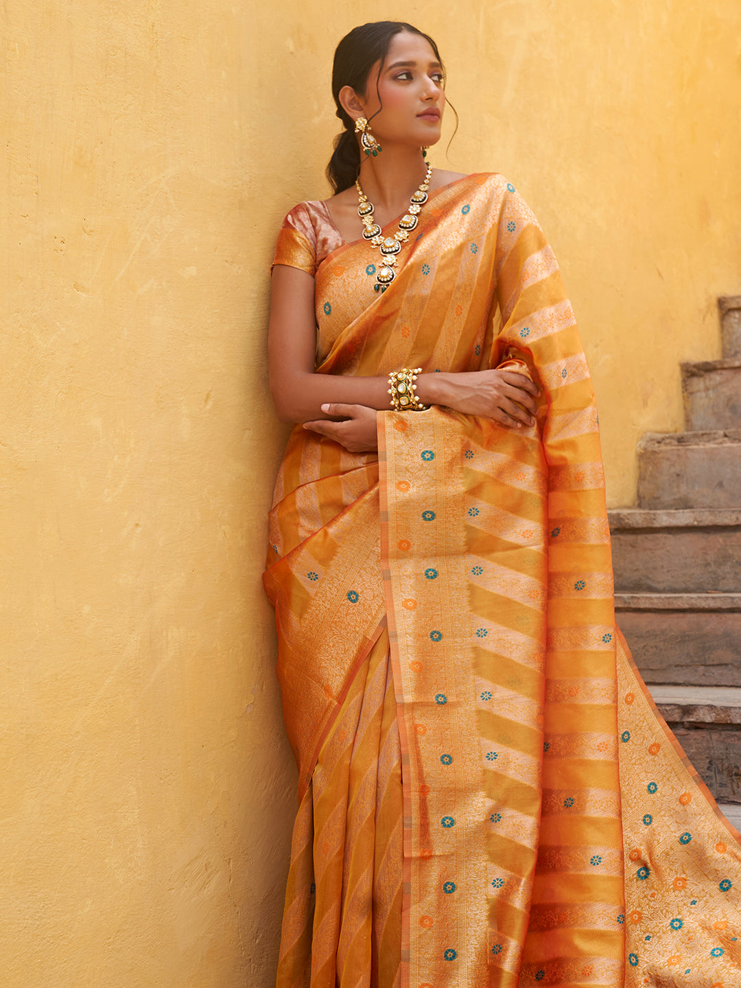 Janasya Yellow Organza Woven Leheriya Kanjeevaram Grab2Buy 