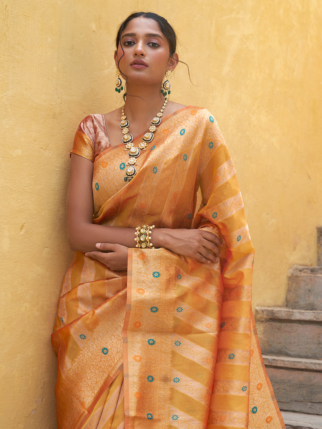 Janasya Yellow Organza Woven Leheriya Kanjeevaram Grab2Buy 