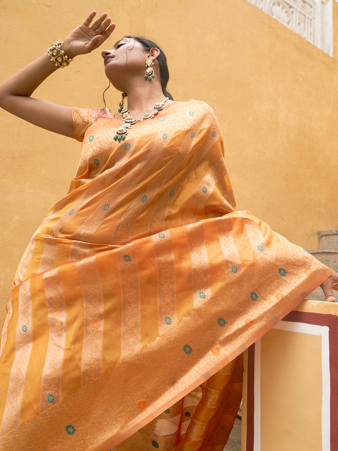 Janasya Yellow Organza Woven Leheriya Kanjeevaram Grab2Buy 