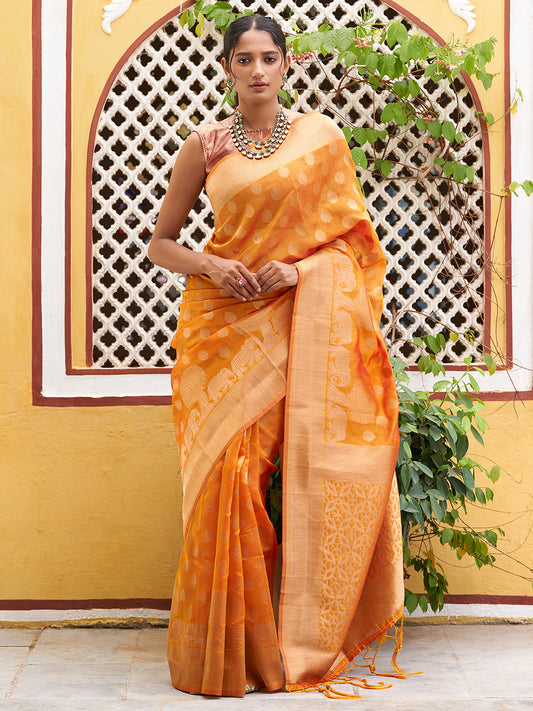 Janasya Yellow Organza Woven Dual Tone Ethnic Motif Design Kanjeevaram Grab2Buy 