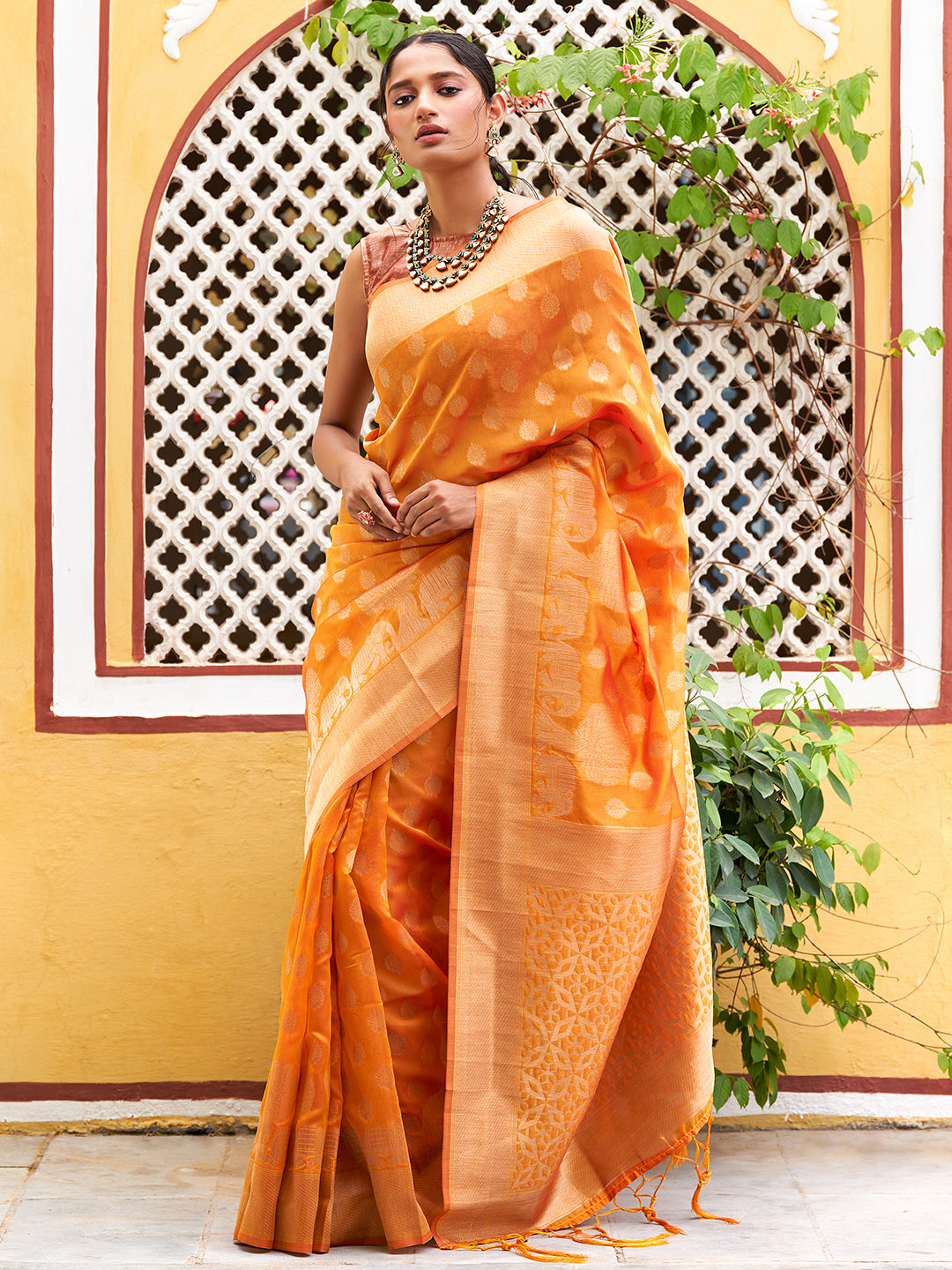 Janasya Yellow Organza Woven Dual Tone Ethnic Motif Design Kanjeevaram Grab2Buy 