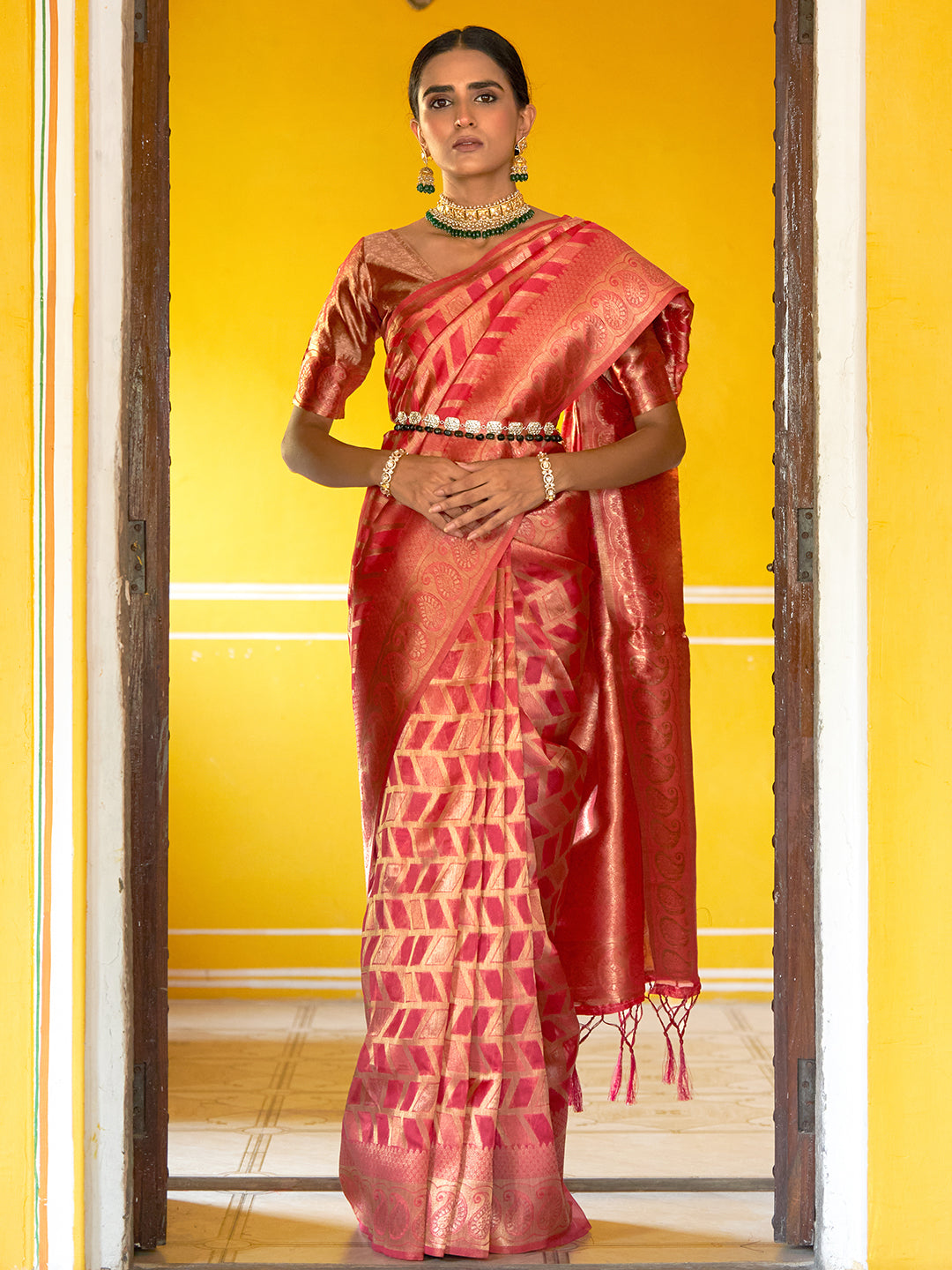 Janasya Pink Organza Woven Geometric Design Kanjeevaram Grab2Buy 