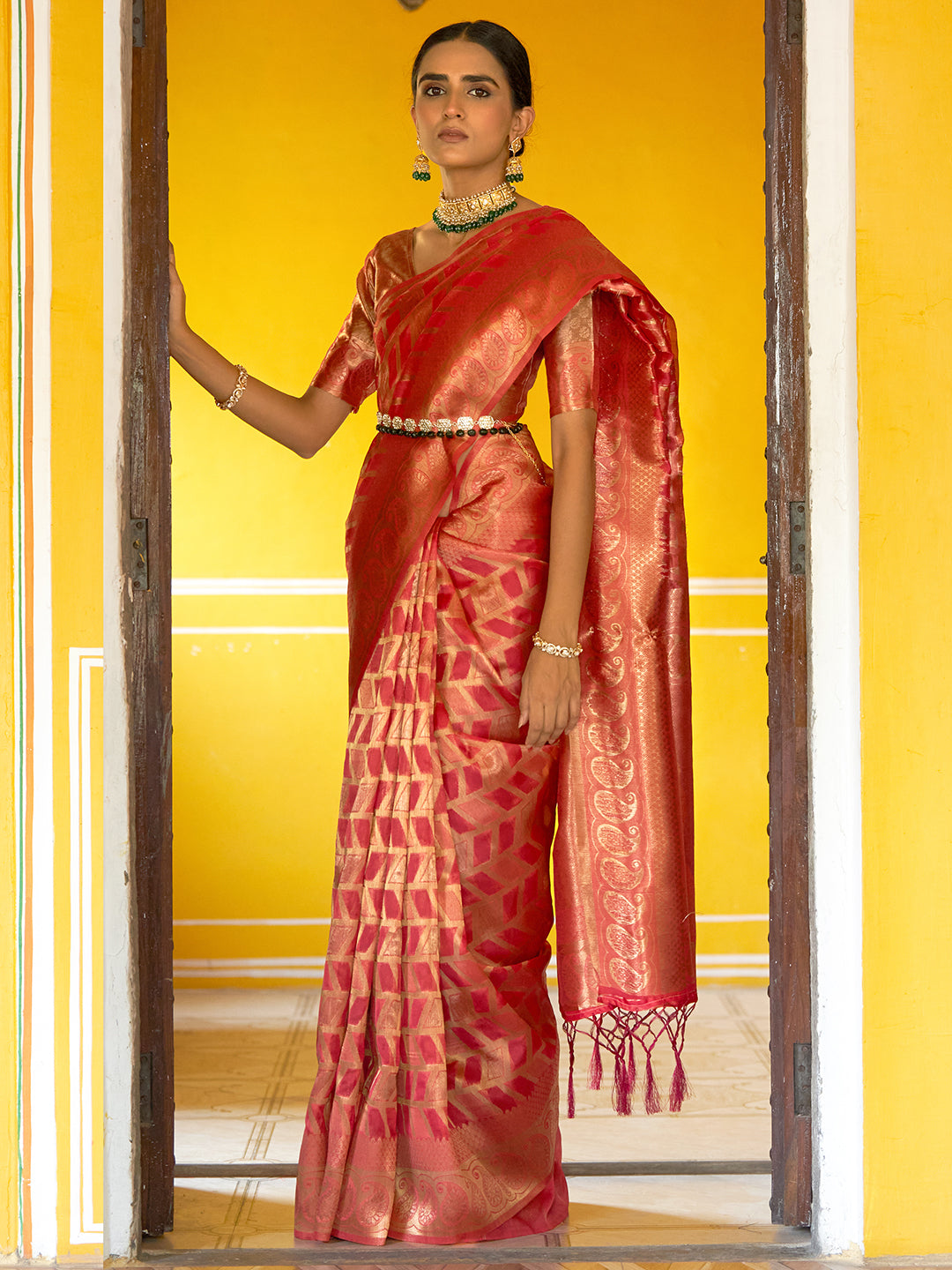 Janasya Pink Organza Woven Geometric Design Kanjeevaram Grab2Buy 