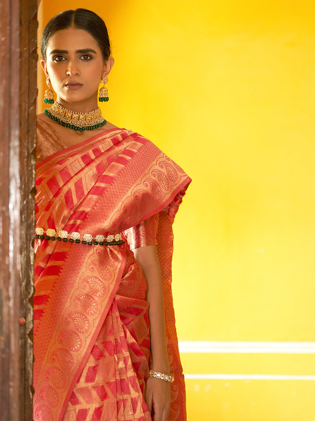 Janasya Pink Organza Woven Geometric Design Kanjeevaram Grab2Buy 