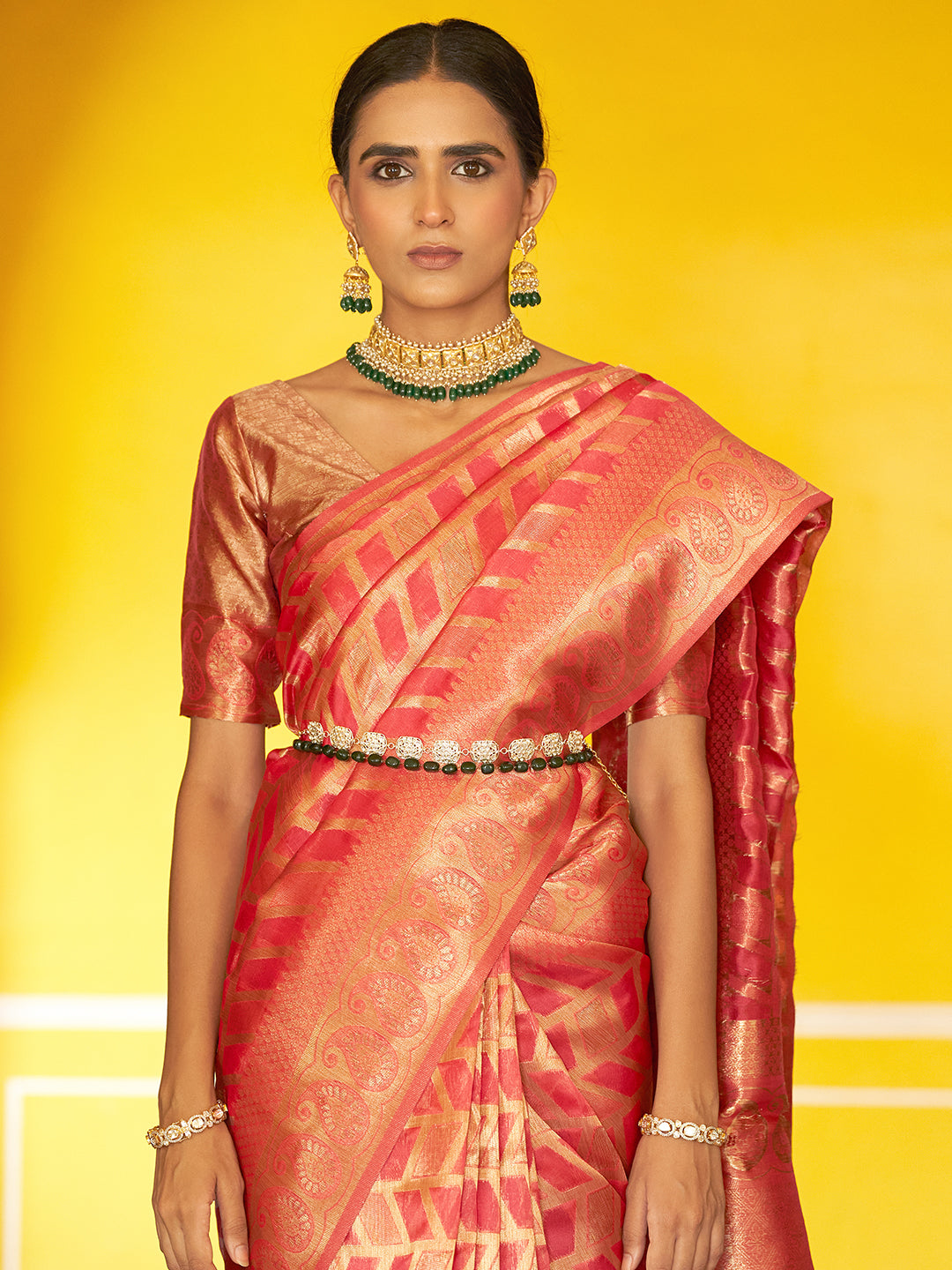 Janasya Pink Organza Woven Geometric Design Kanjeevaram Grab2Buy 