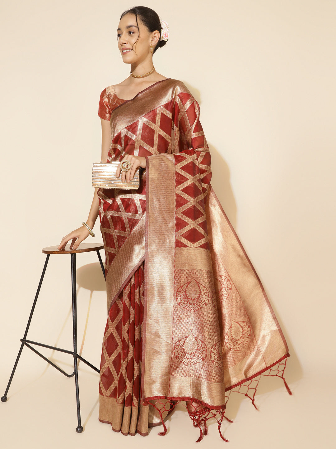 Janasya Maroon Organza Floral Grab2Buy 